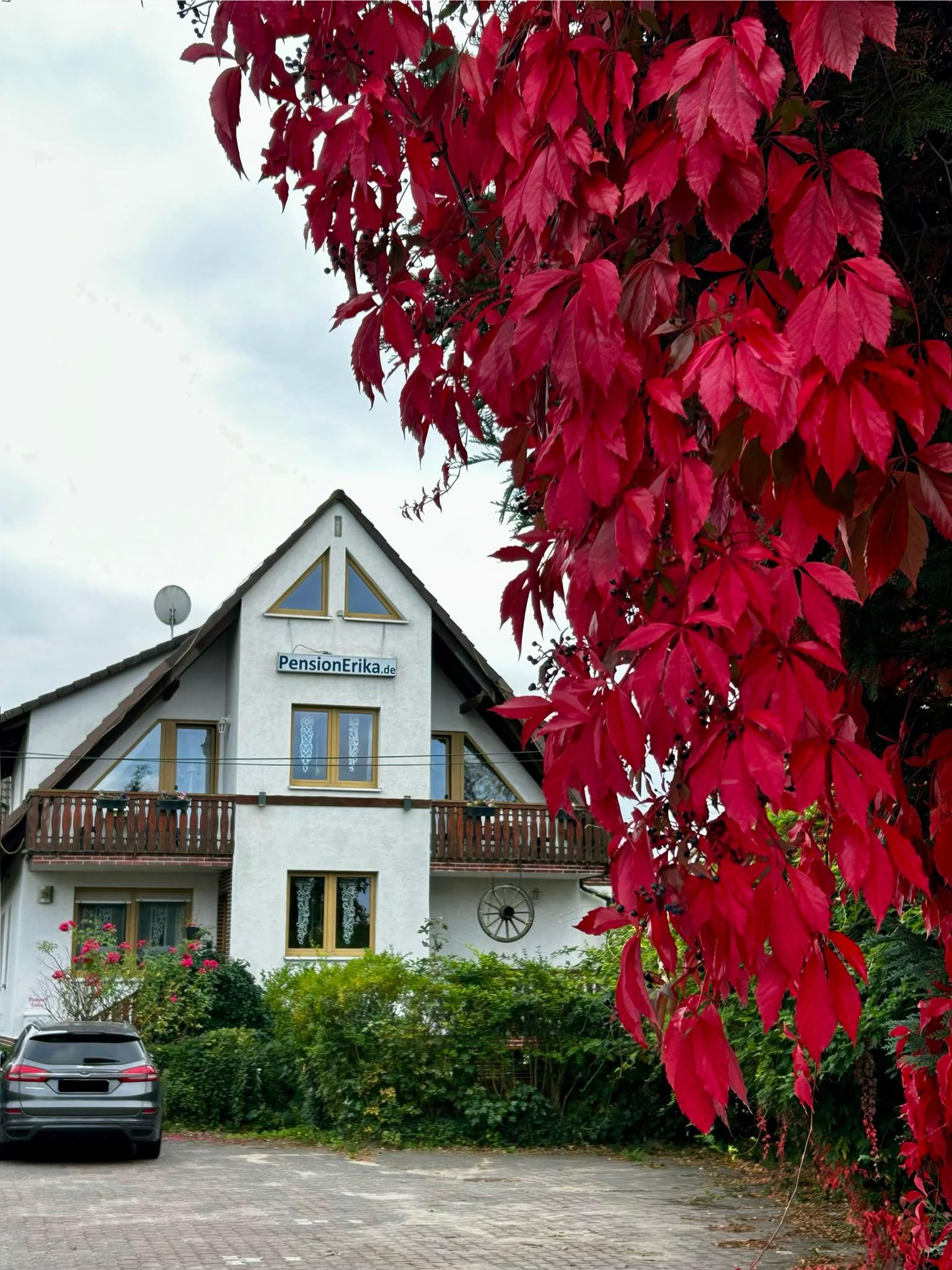 Die Pension Erika mit dem roten Weinlaub im Vorgarten